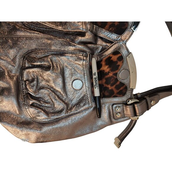 Metallic Silver B. Makowsky Genuine Leather Tote Shoulder Bag With Leopard Print - Picture 8 of 13